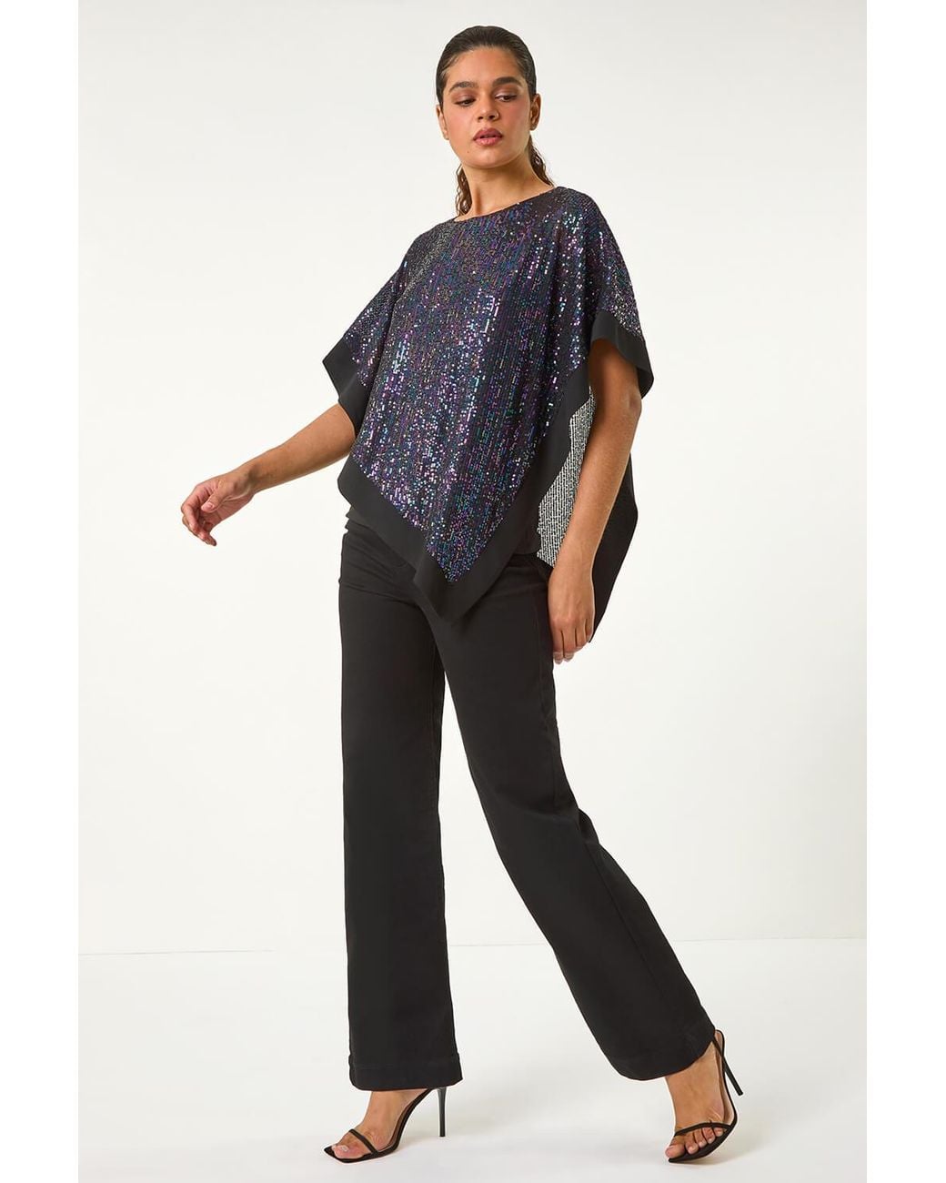 Roman Blue Sequin Overlay Stretch Tunic Top