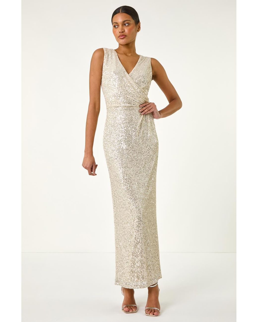 Roman Natural Sequin Side Twist Wrap Maxi Dress