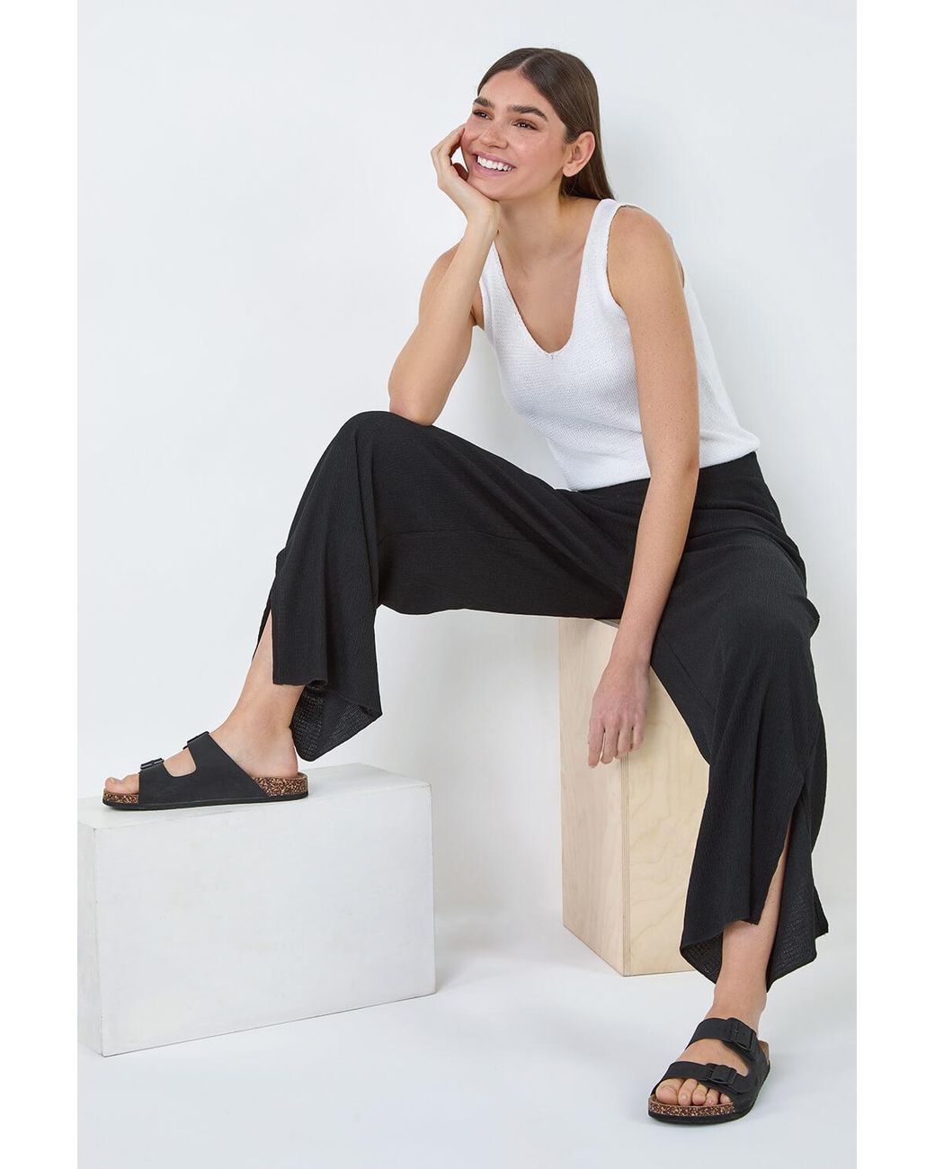 Roman Black Crinkle Side Split Elastic Waist Trousers
