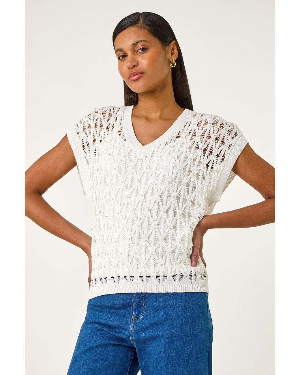 Roman White Pearl Double Layer Knit Top