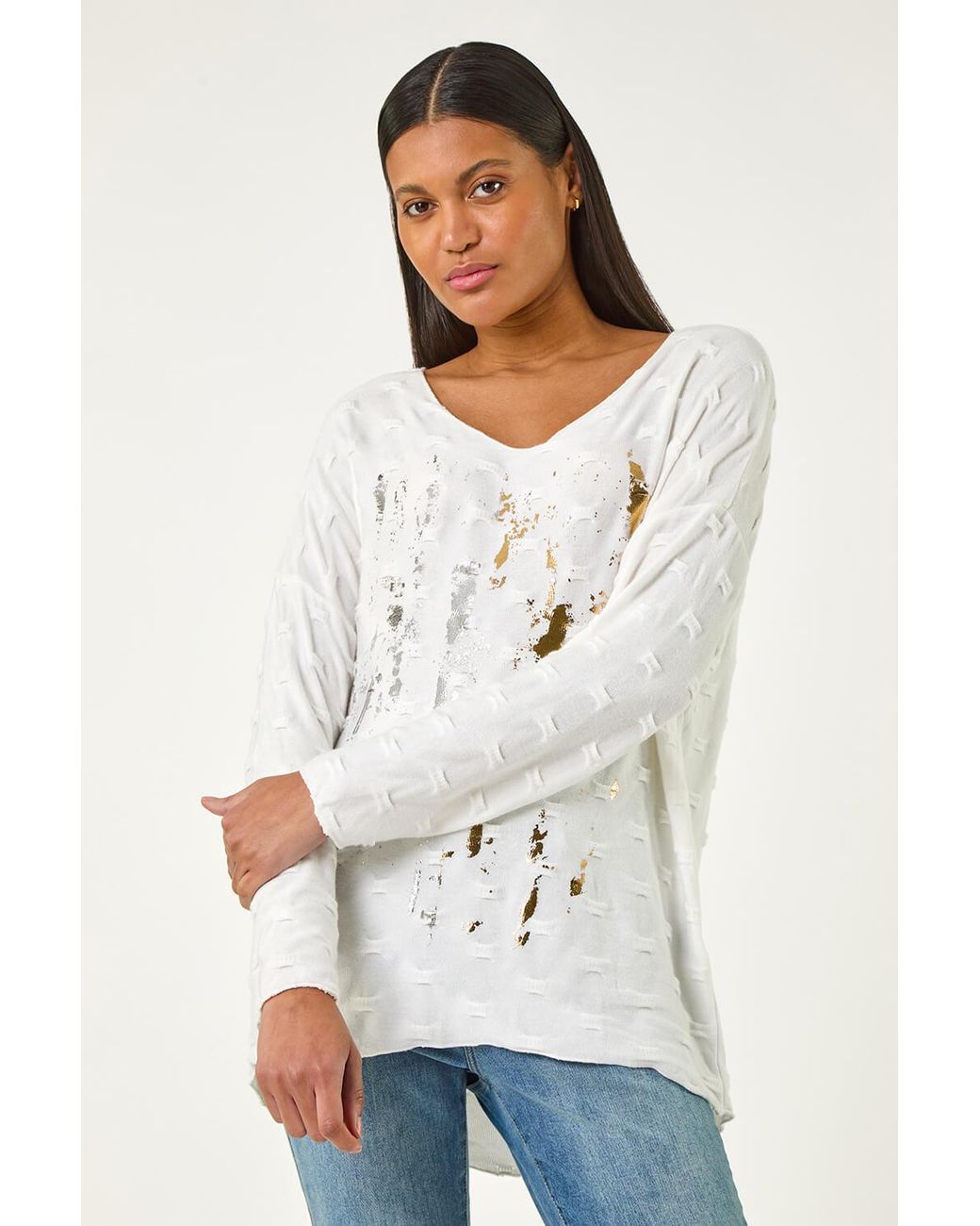 Roman Blue Textured Foil Snit V-Neck Top