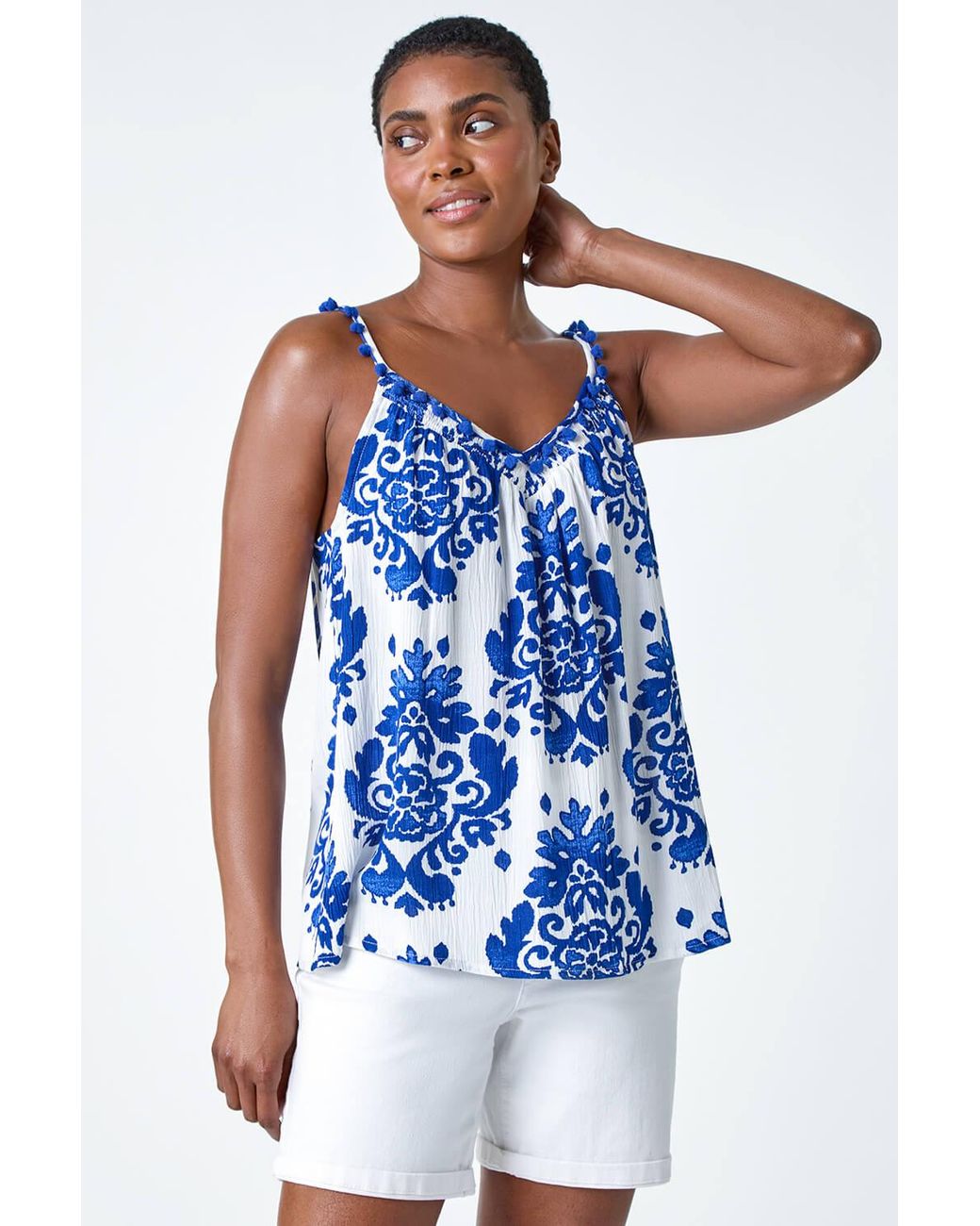 Roman Blue Paisley Pom Pom Trim V-Neck Crinkle Vest Top