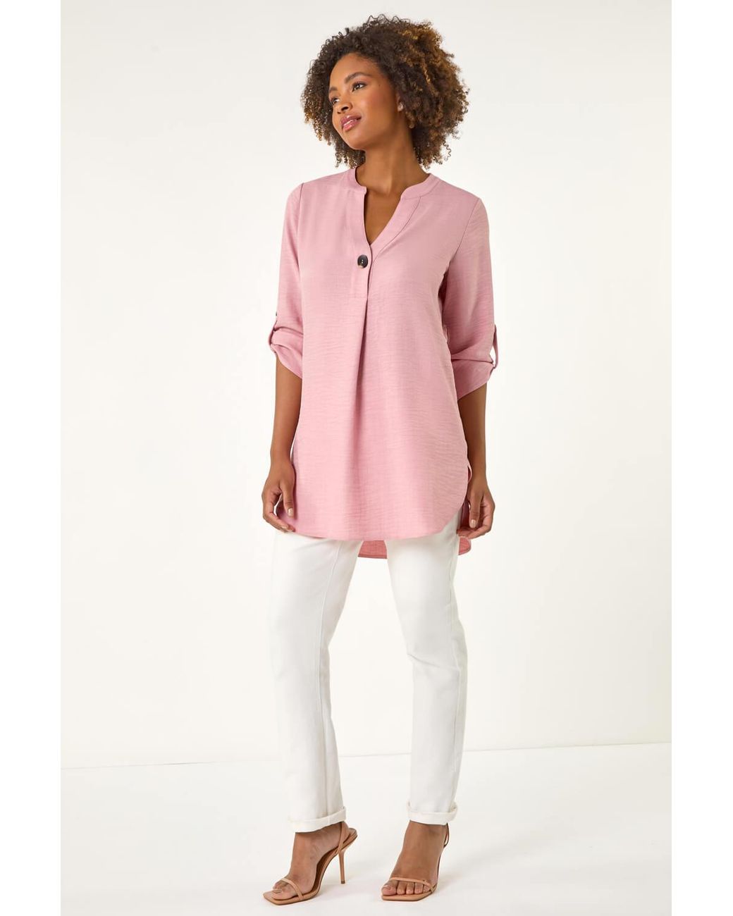 Roman Pink Longline V-Neck Button Tunic Top
