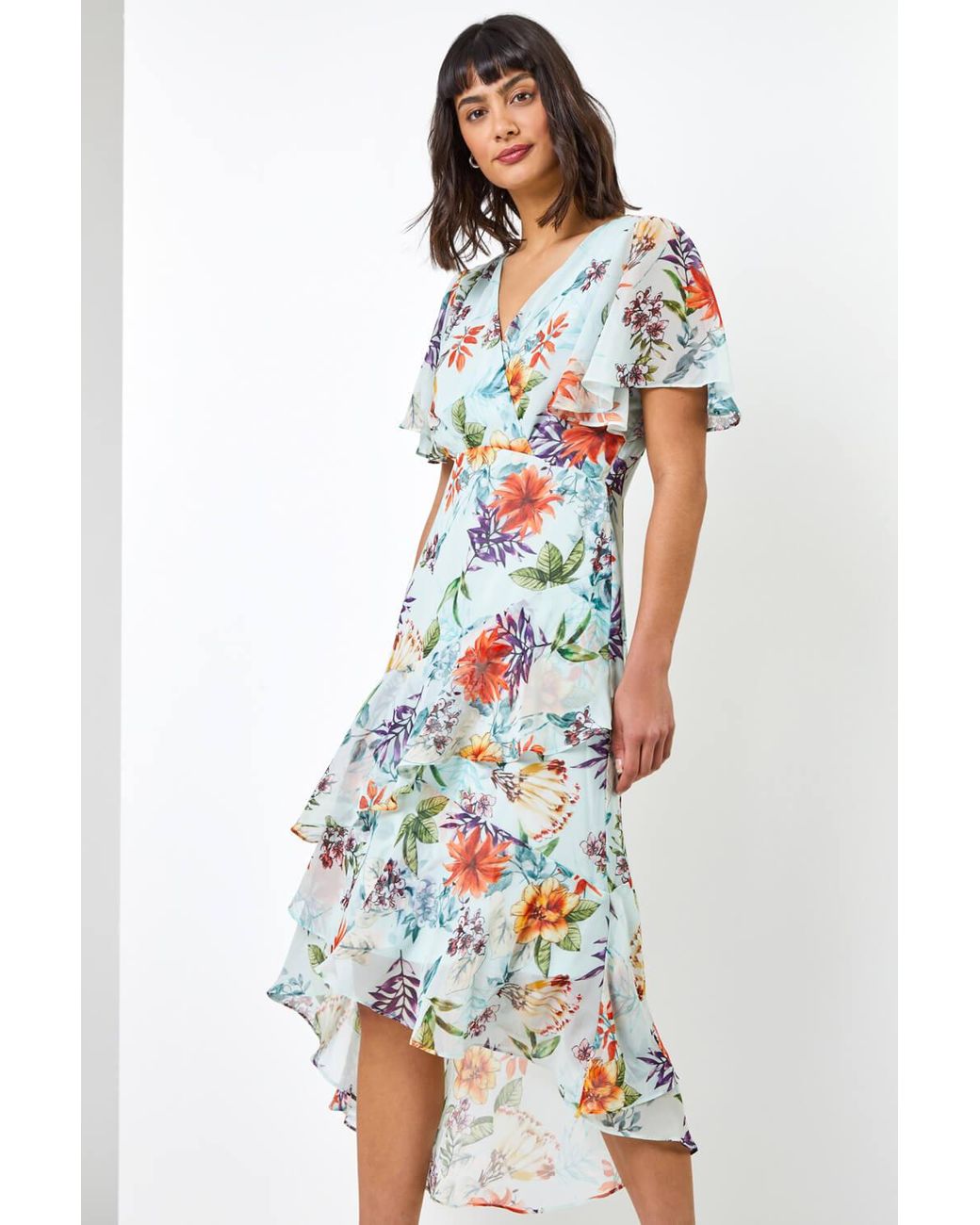Roman Multicolor Floral Chiffon Frill Tiered Midi Wrap Dress