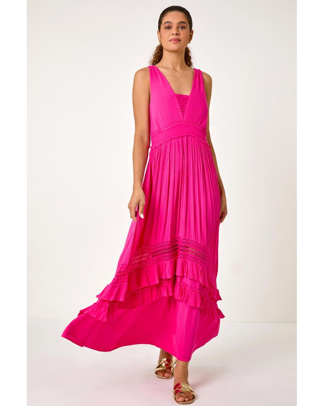 Roman Pink Lace Detail Shirred Frill Maxi Dress