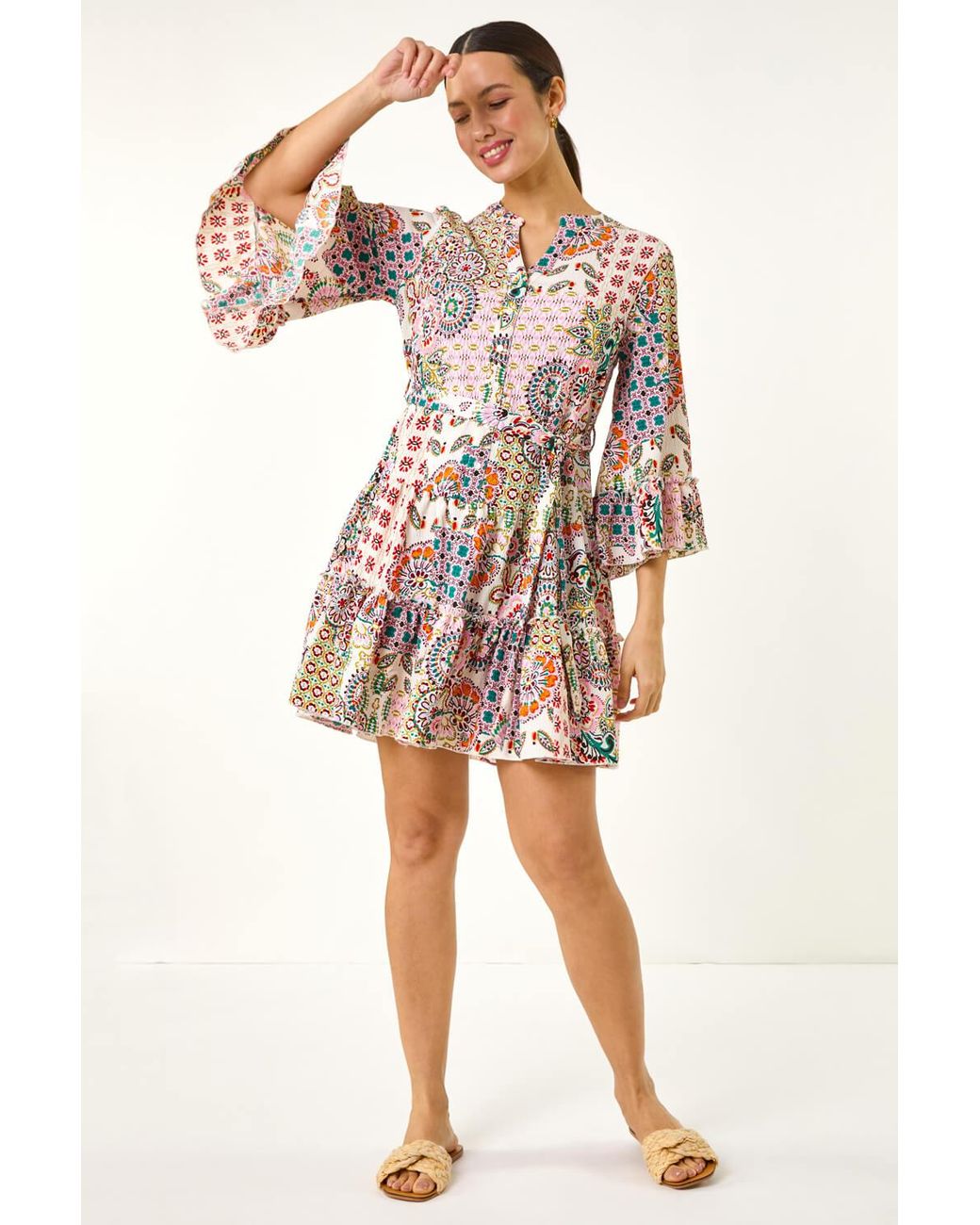 Roman Pink Patchwork Print Tie Waist Dress