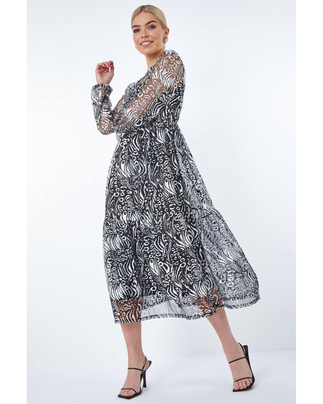 D.u.s.k Metallic Animal Print Tiered Midi Dress