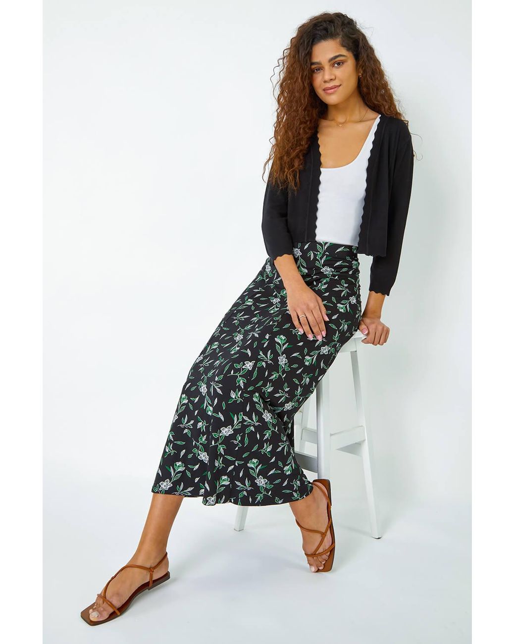 Roman Green Floral Leaf Jersey A Line Midi Skirt