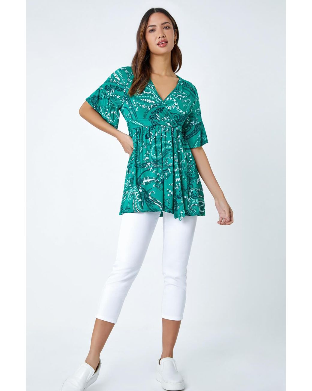 Roman Blue Paisley Print Stretch Jersey V-Neck Wrap Top