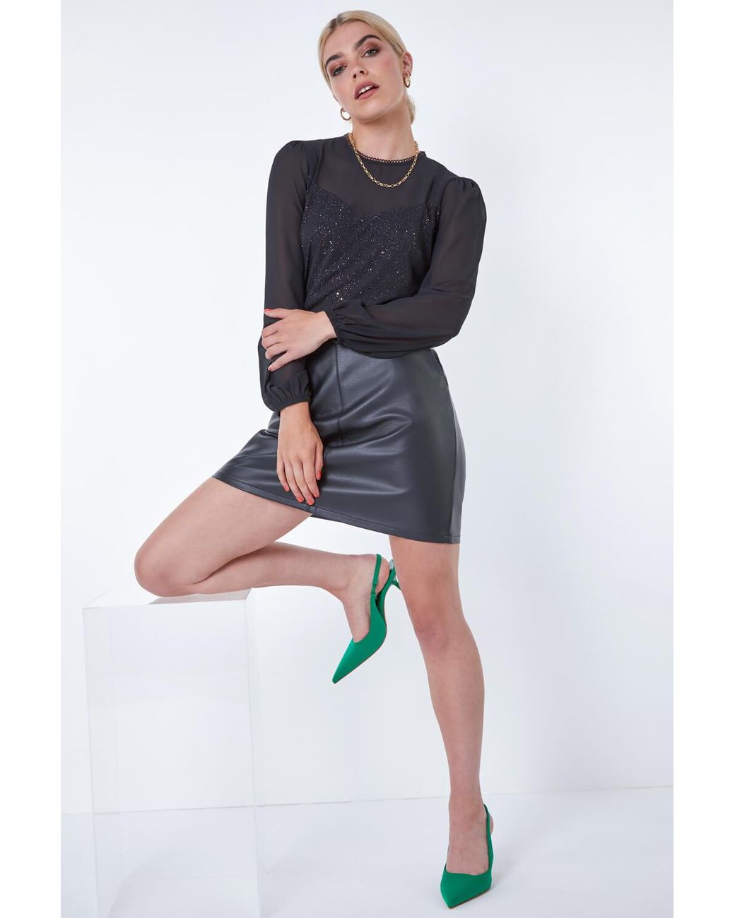D.u.s.k Black Glitter Contrast Mesh Top