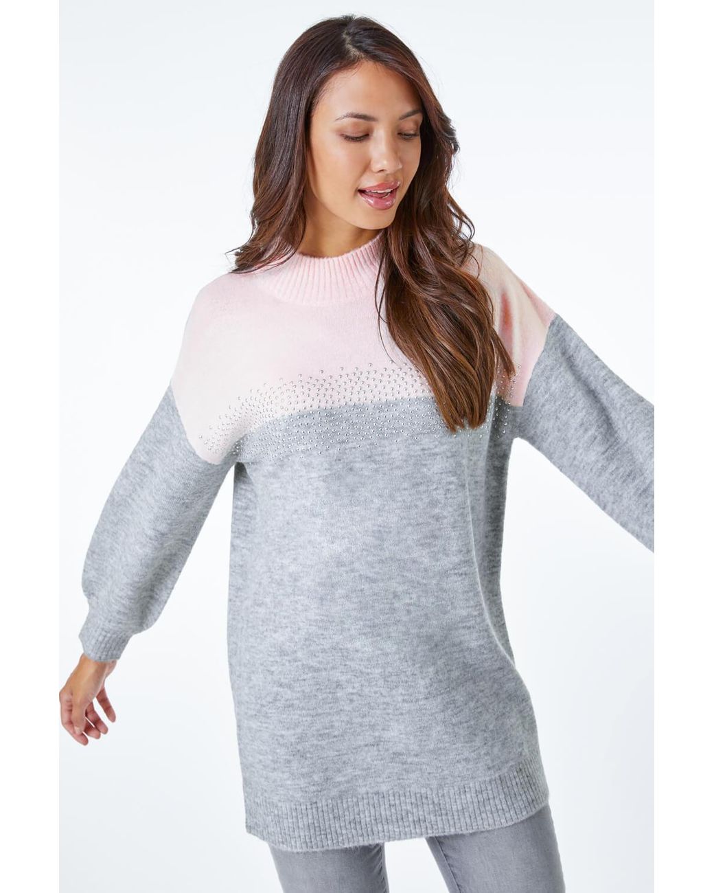 Roman White Colourblock Embellished Longline Jumper