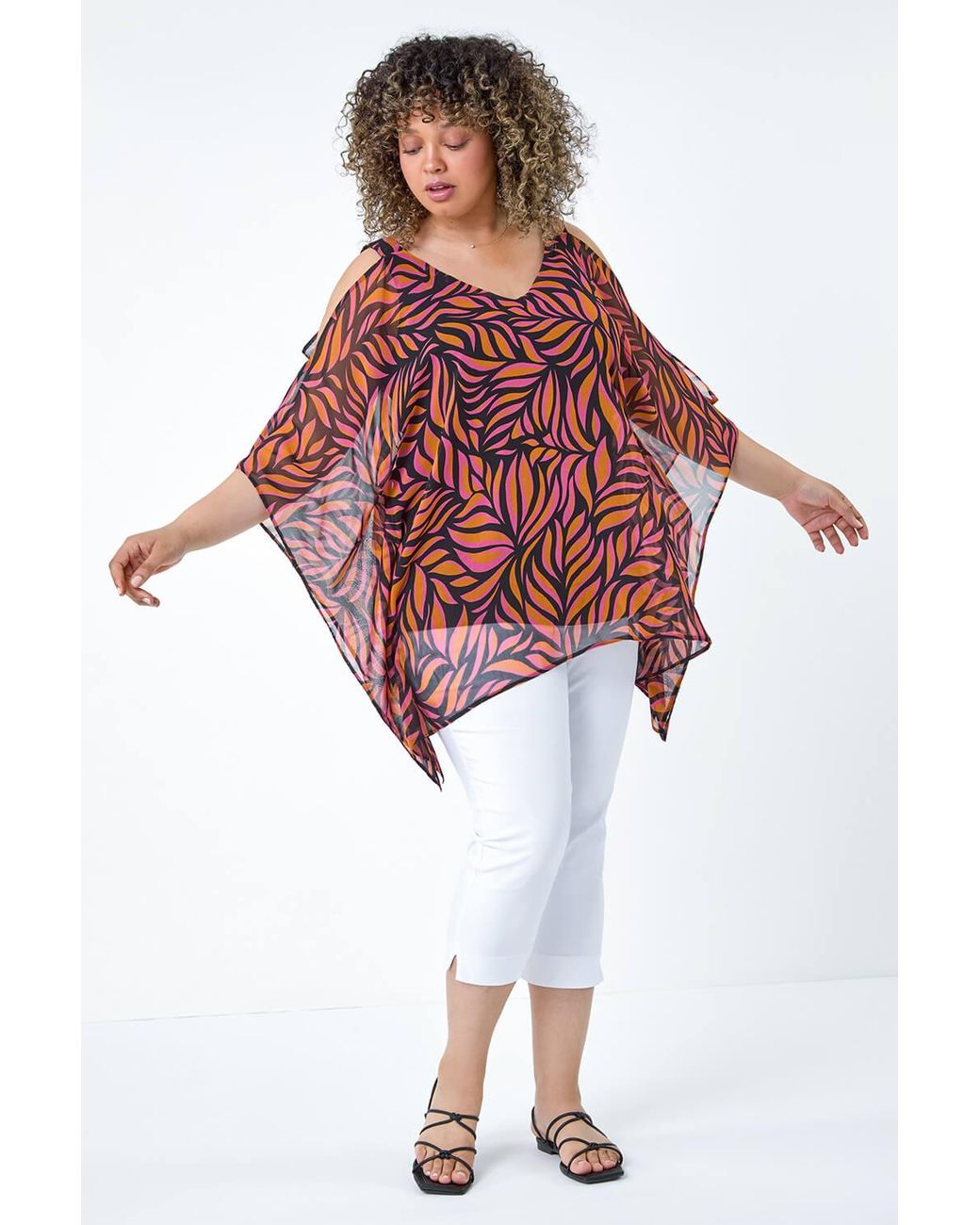 Roman Curve Red Printed Chiffon Cold Shoulder Top