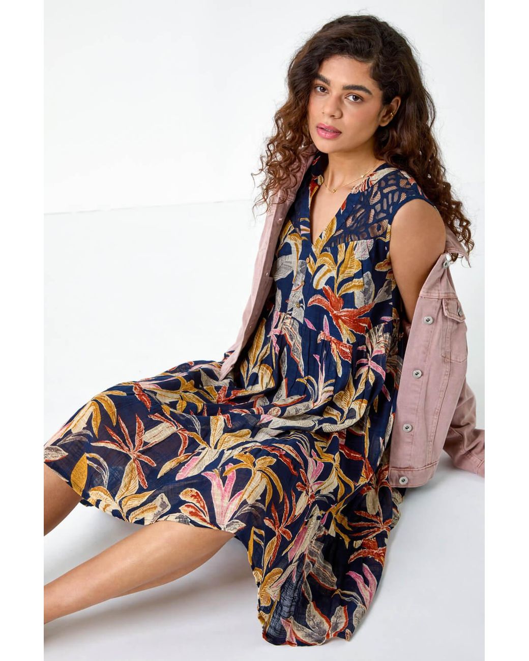 Roman Blue Cotton Tropical Lace Detail Tiered Dress