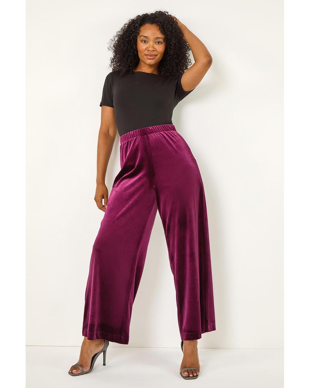 Roman Petite Red Wide Leg Velvet Stretch Trouser