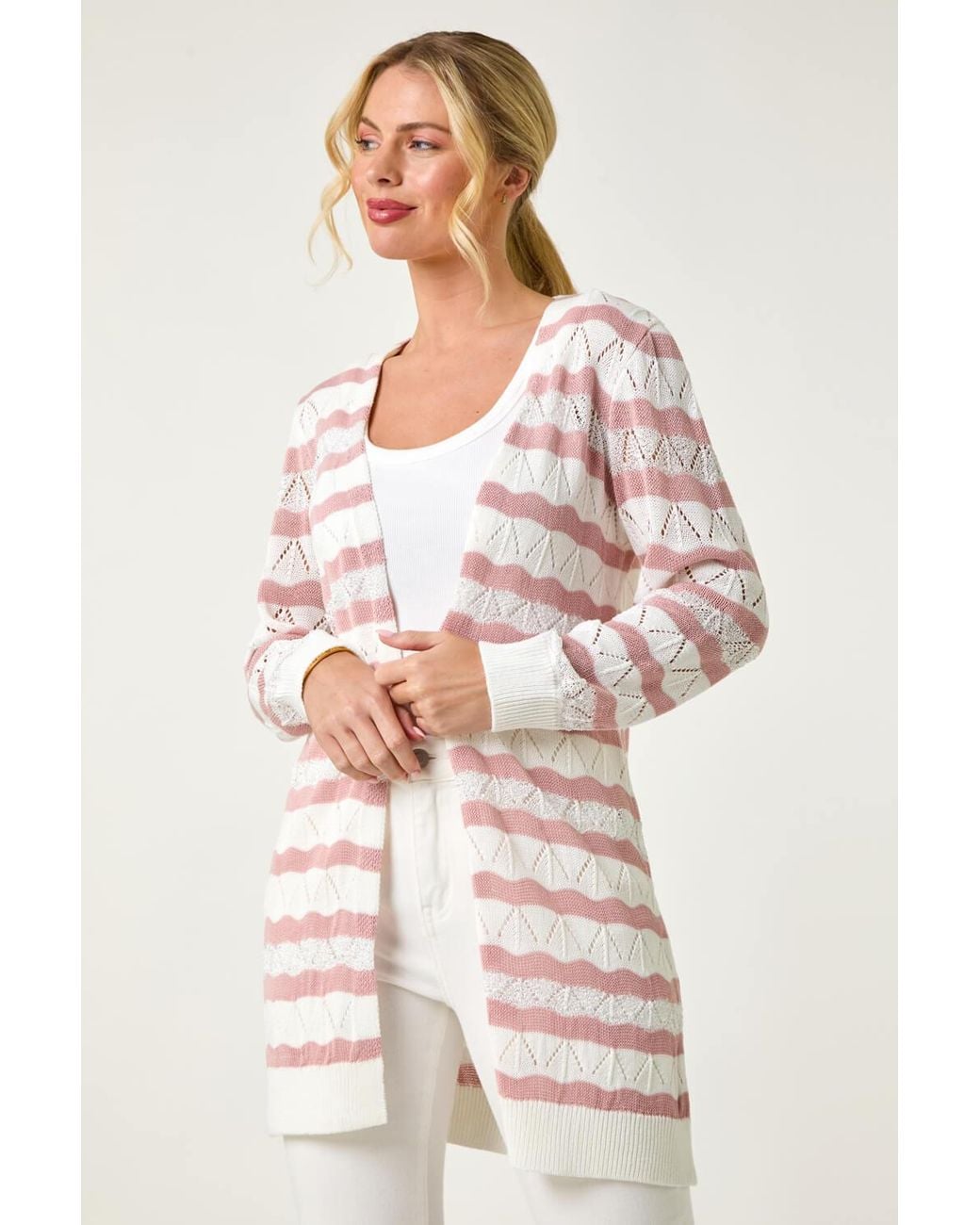 Roman Petite Pink Stripe Pointelle Knit Cardigan