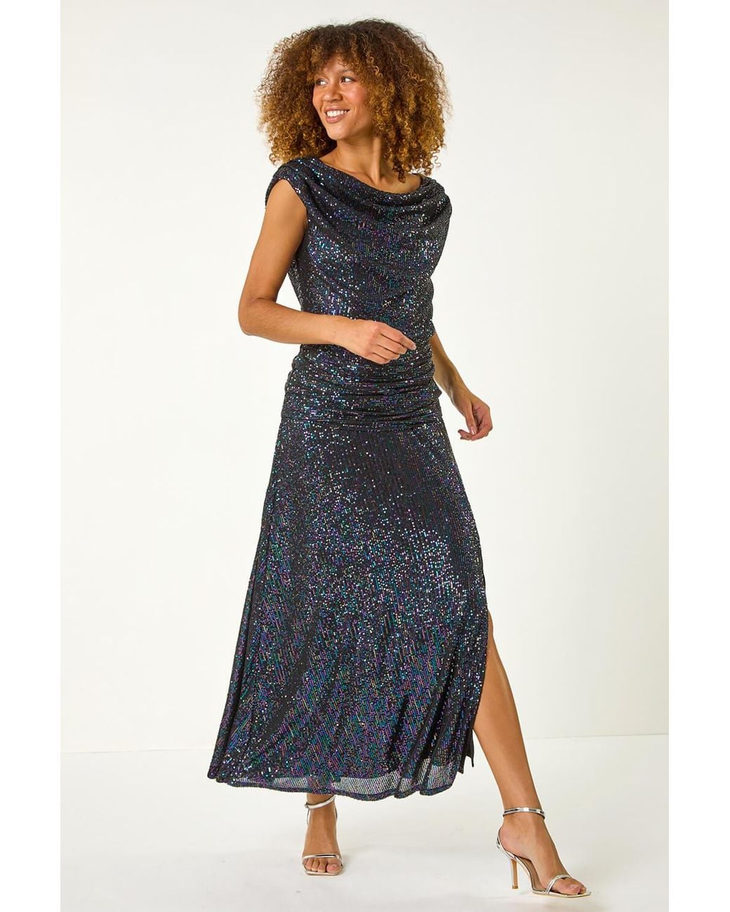 Roman Purple Sequin Cowl Neck Maxi Stretch Dress