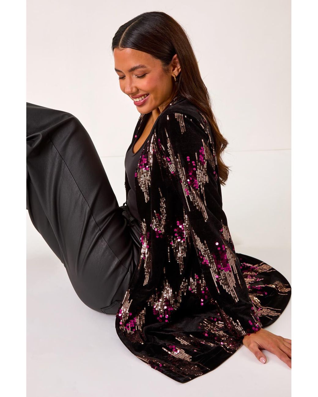 Roman Black Sequin Velvet Longline Jacket