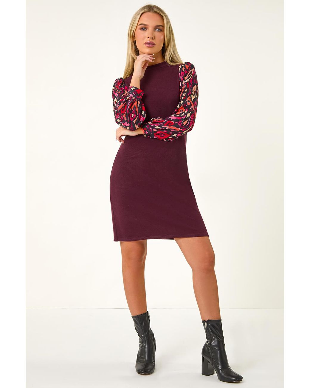 Roman Petite Red Contrast Print Stretch Shift Dress
