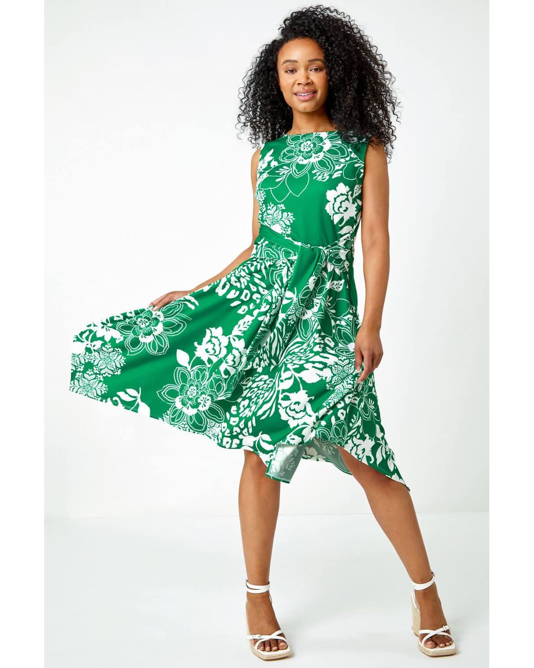 Roman Petite Green Tie Waist Floral Stretch Dress
