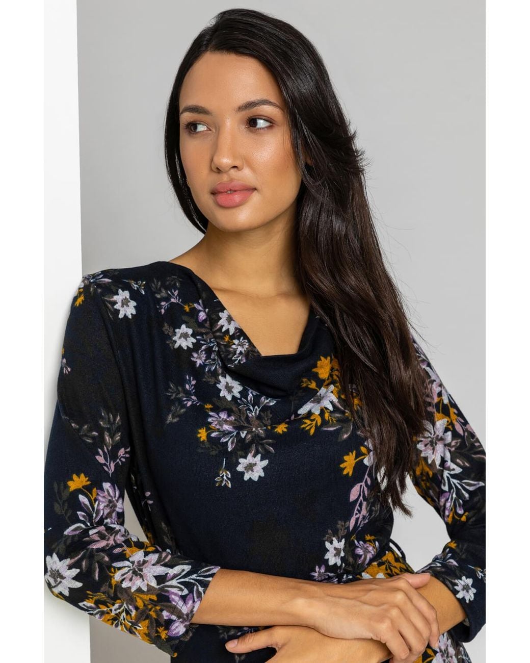 Roman Blue Floral Knitted Cowl Neck Dress