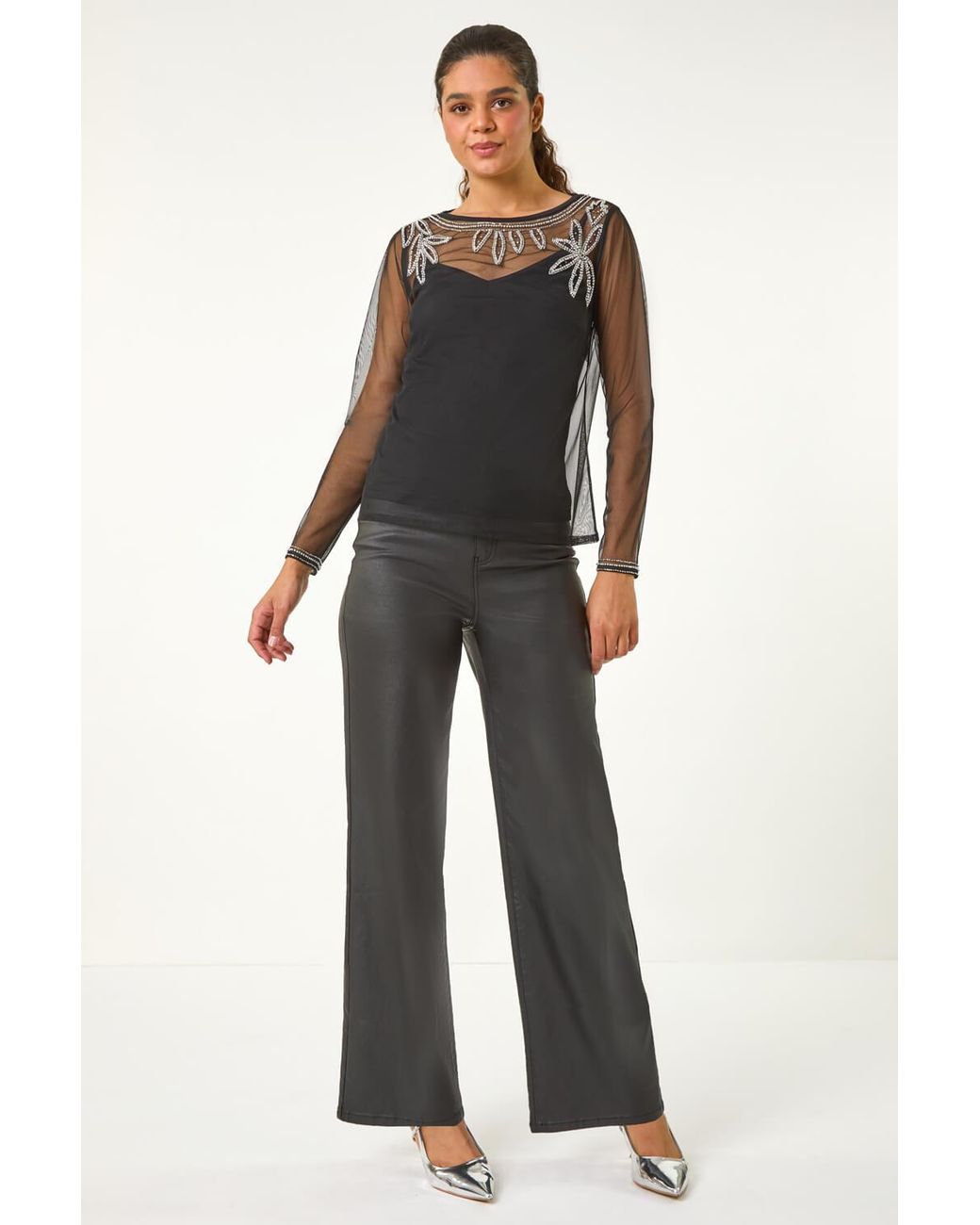 Roman Black Embellished Sequin Mesh Top
