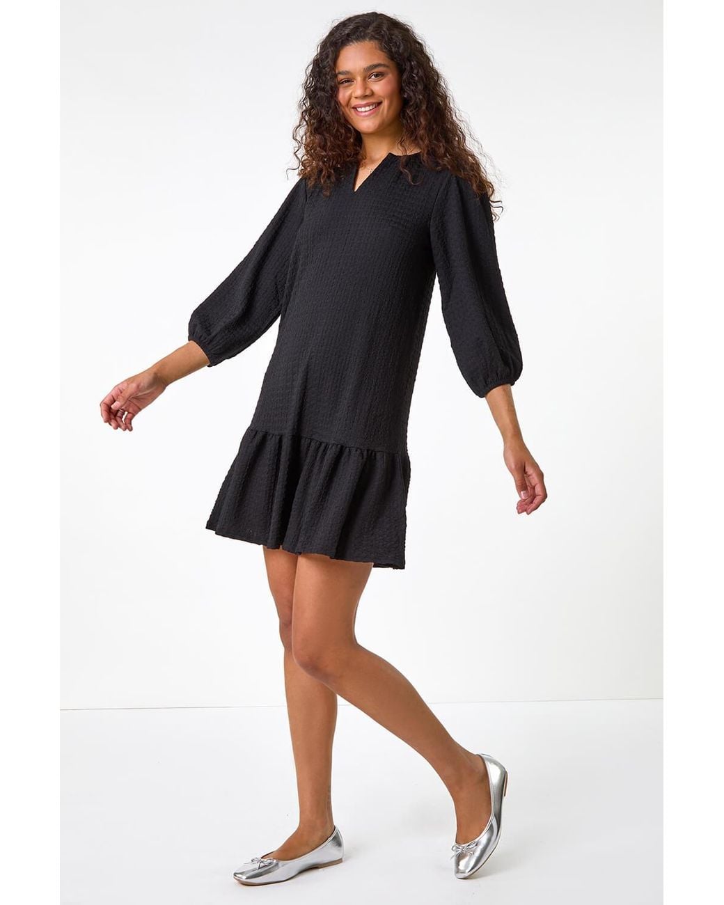 Roman Black Textured V-Neck Frill Hem Smock Dress