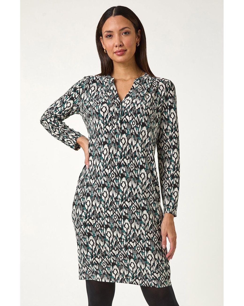 Roman Blue Aztec Print V-Neck Shift Stretch Dress
