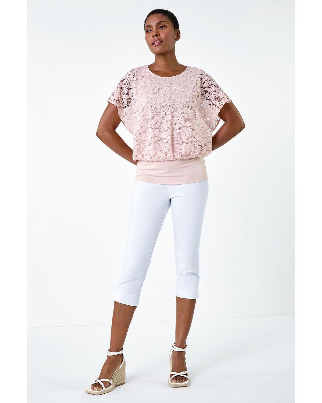 Roman Pink Lace Stretch Banded Hem Top