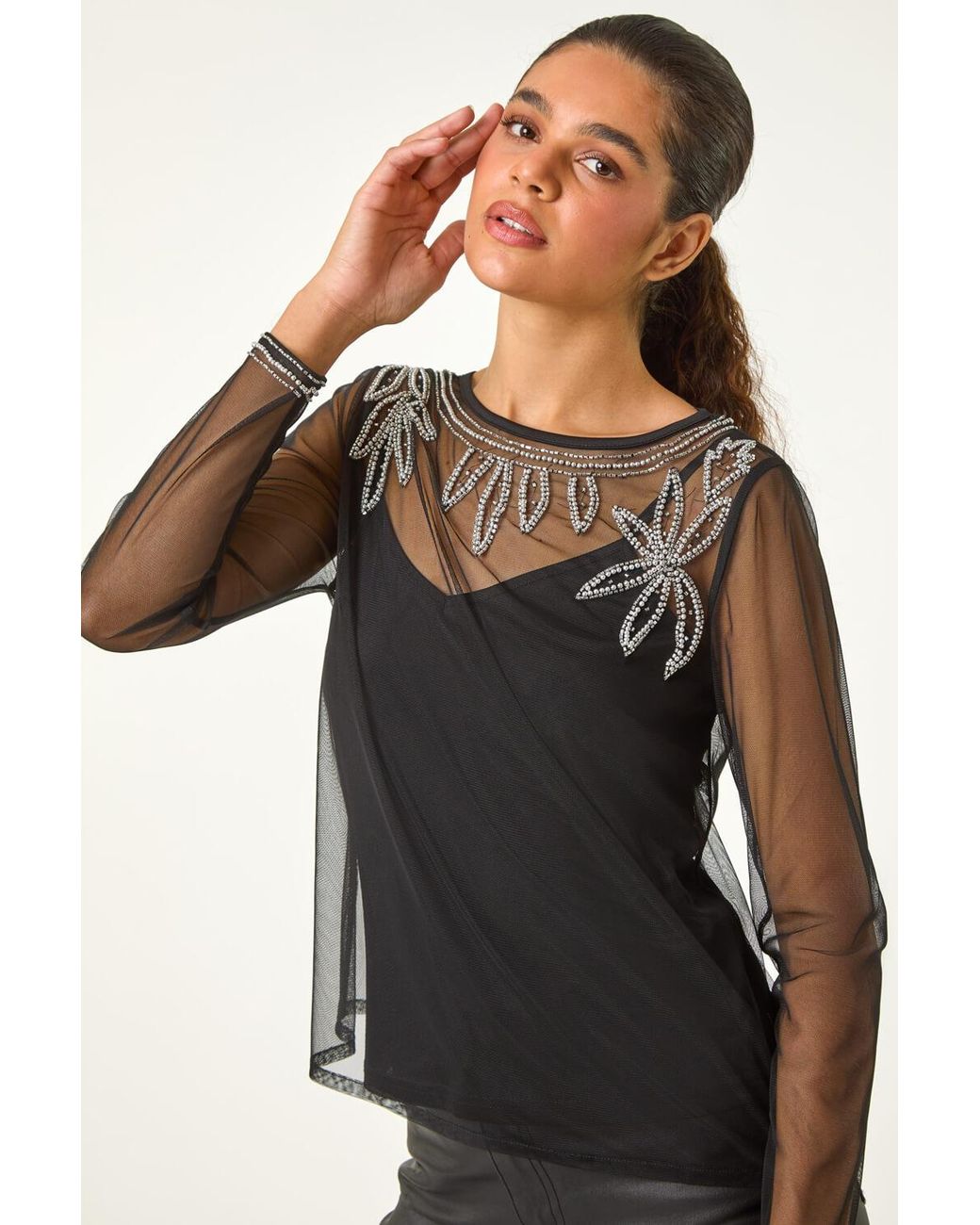 Roman Black Embellished Sequin Mesh Top