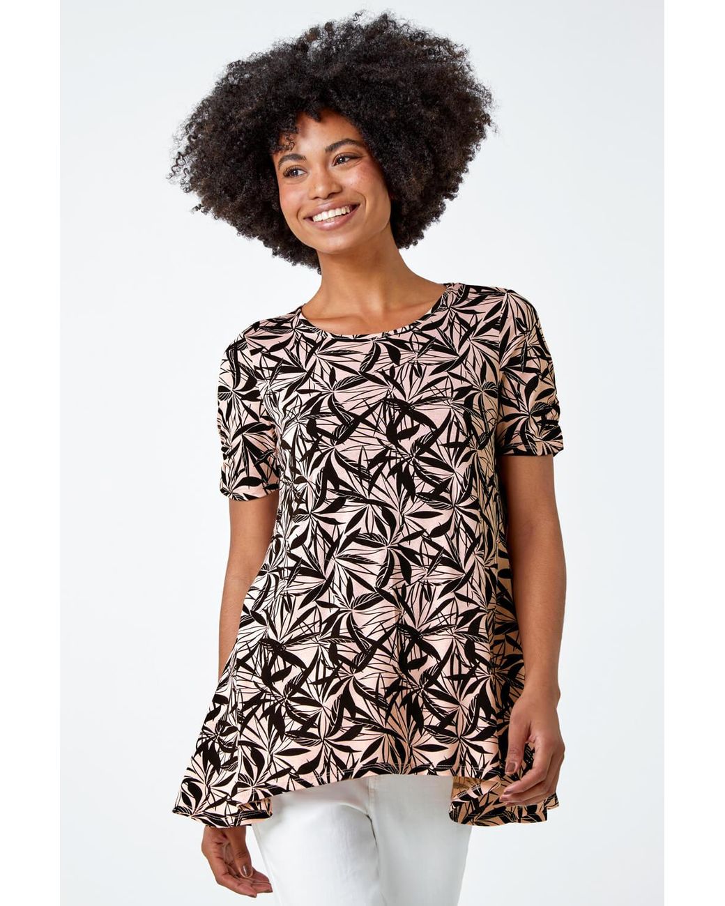 Roman Black Leaf Print Hanky Hem Tunic Top