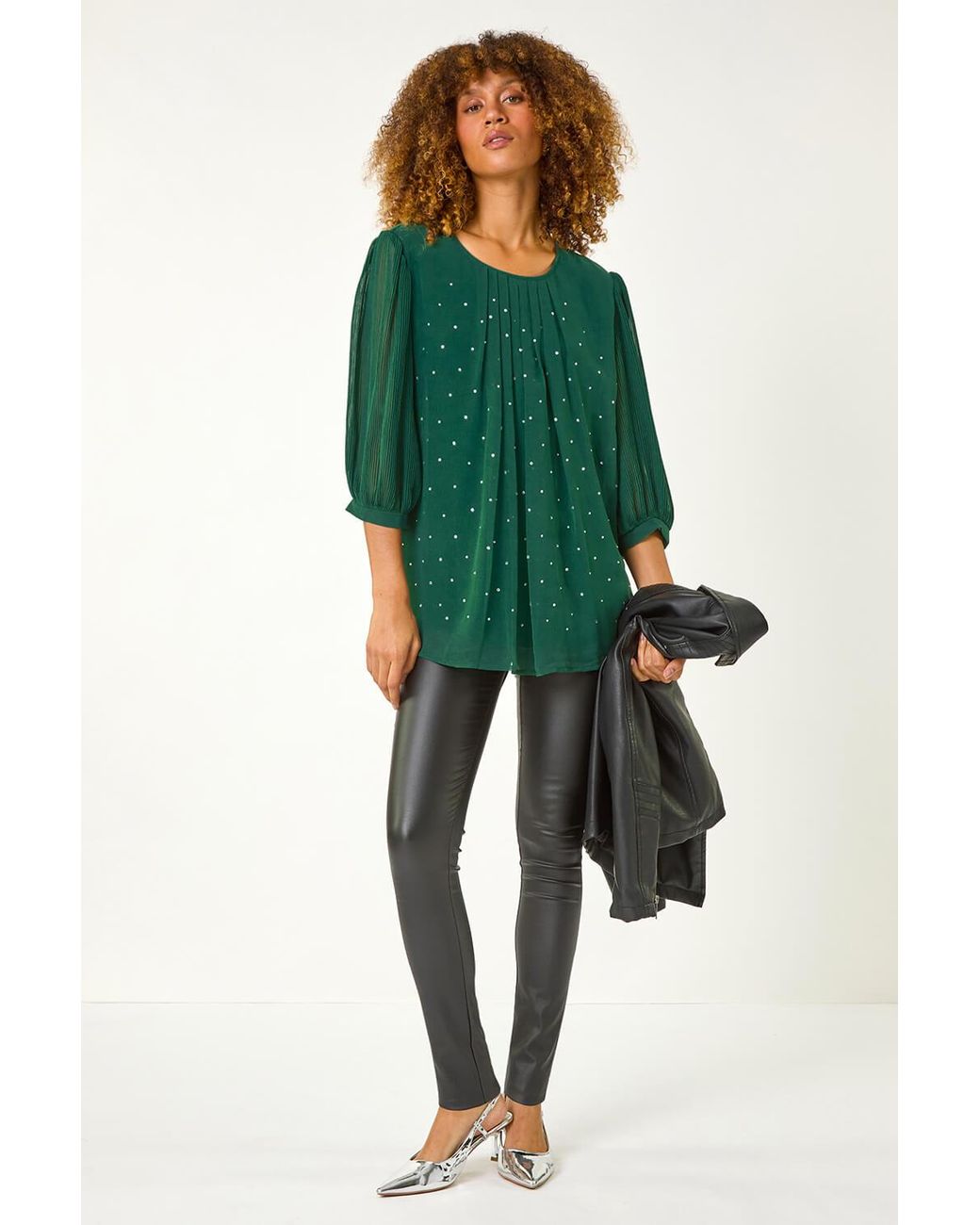 Roman Green Pleated Sleeve Hotfix Detail Top