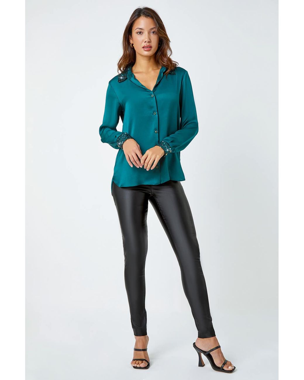 Roman Blue Sequin Trim Satin Stretch Shirt