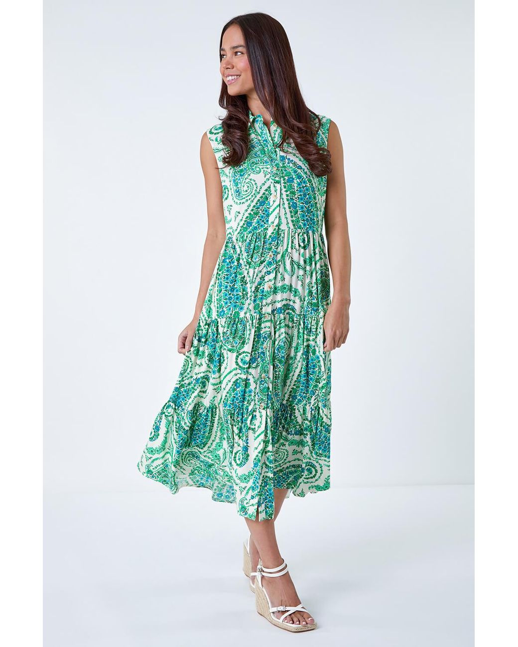 Roman Petite Green Paisley Print Midi Shirt Dress