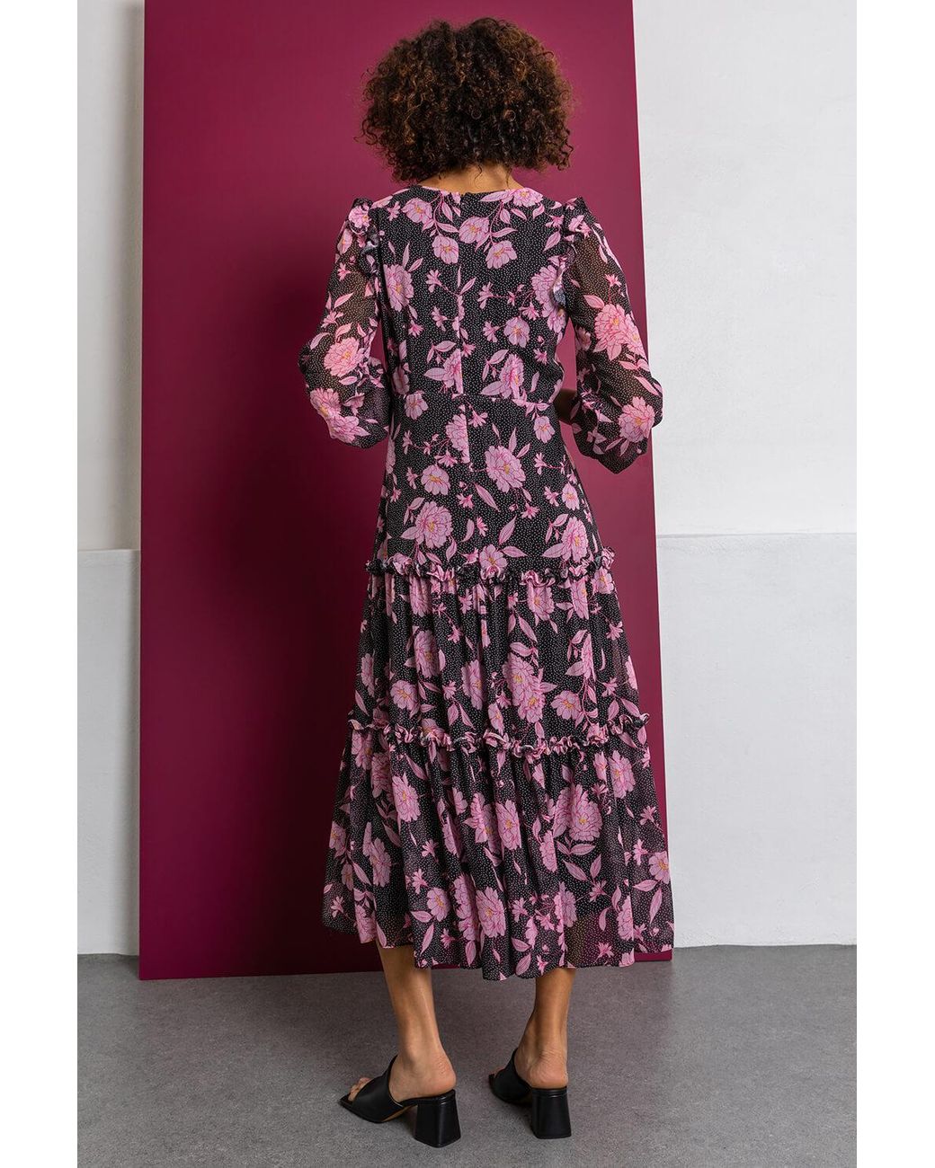 Roman Dusk Fashion Floral Spot Print Tiered Midi Dress in Pink