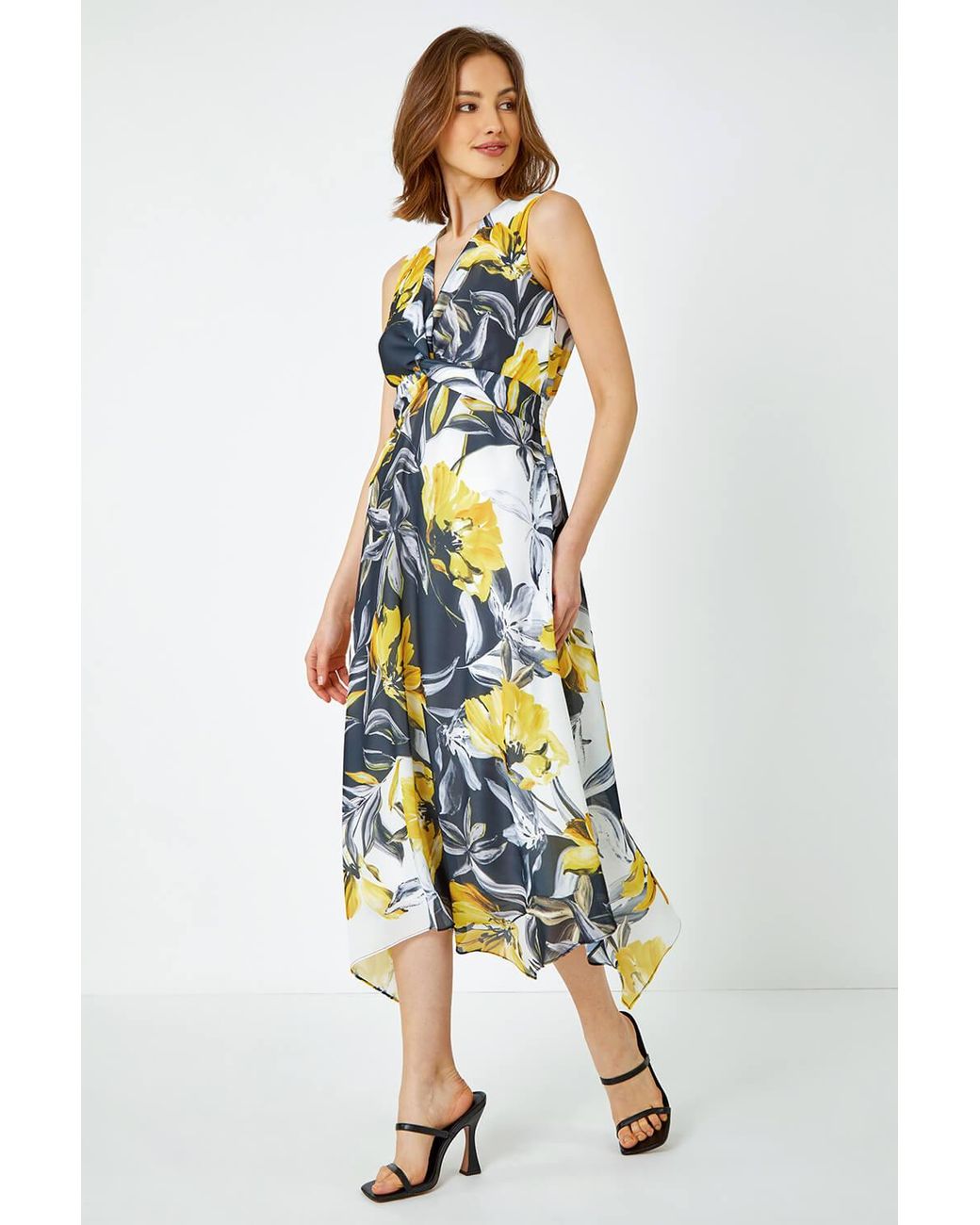 Roman White Floral Twist Front Chiffon Asymmetric Midi Dress