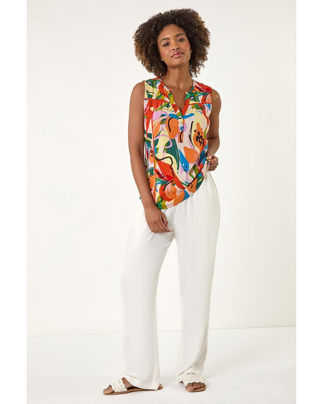 Roman Multicolor Abstract Print V-Neck Button Top