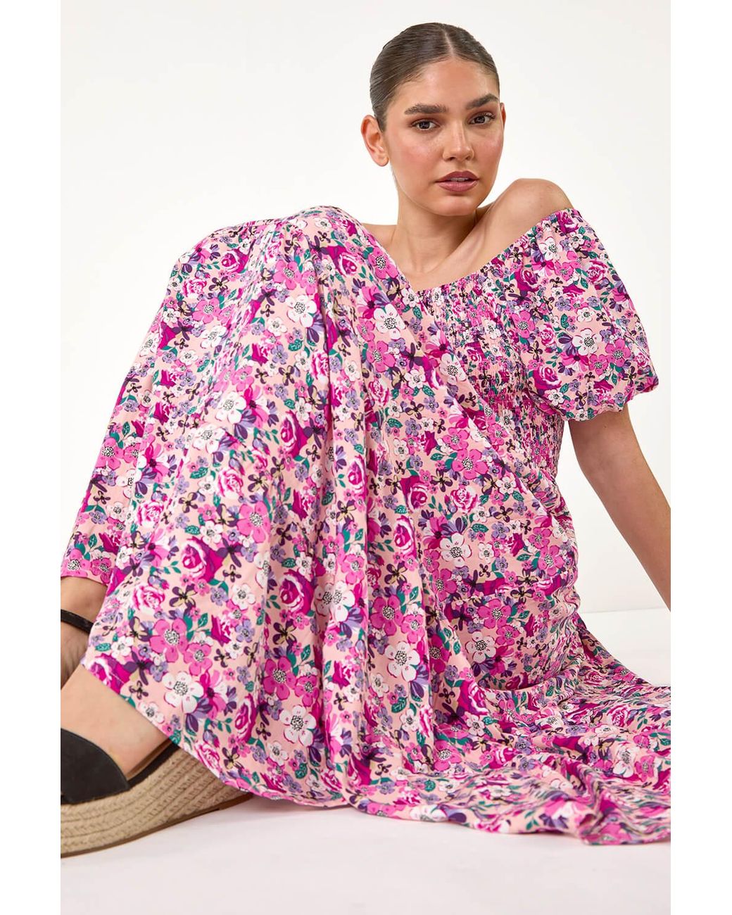 Roman Pink Ditsy Floral Shirred Bardot Tiered Dress