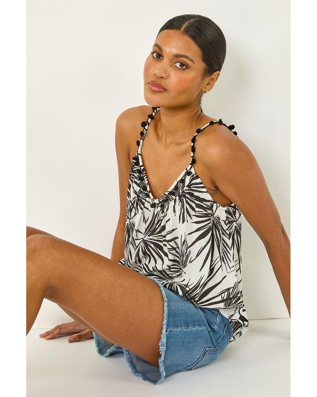 Roman White Palm Leaf Print Pom Pom Cami Top