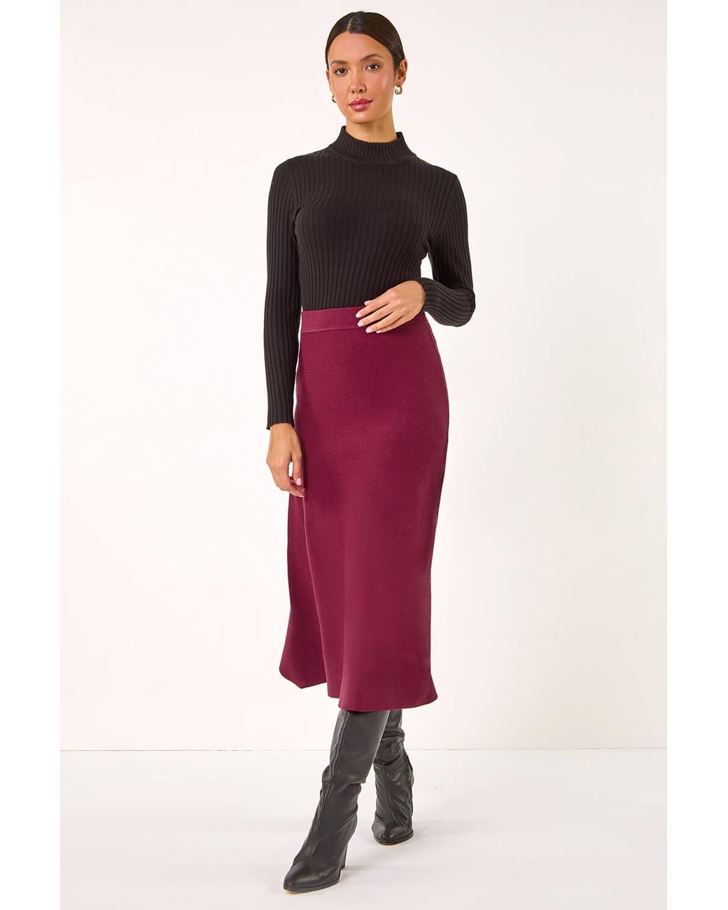 Roman Red Knitted Midi Stretch Skirt