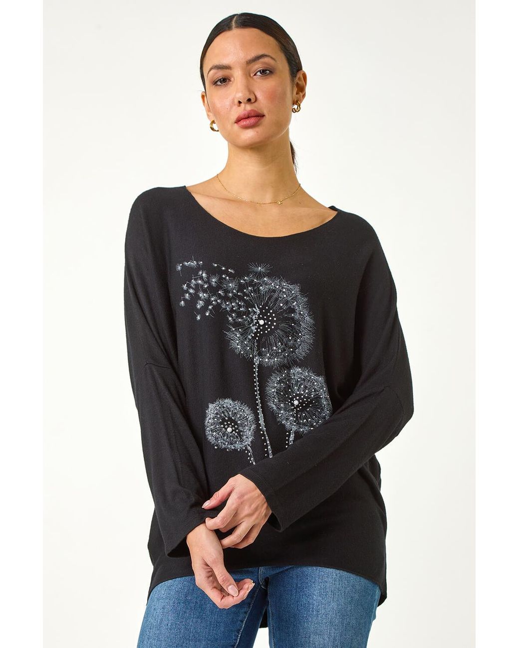 Roman Black Hotfix Dandelion Stretch Knit Top