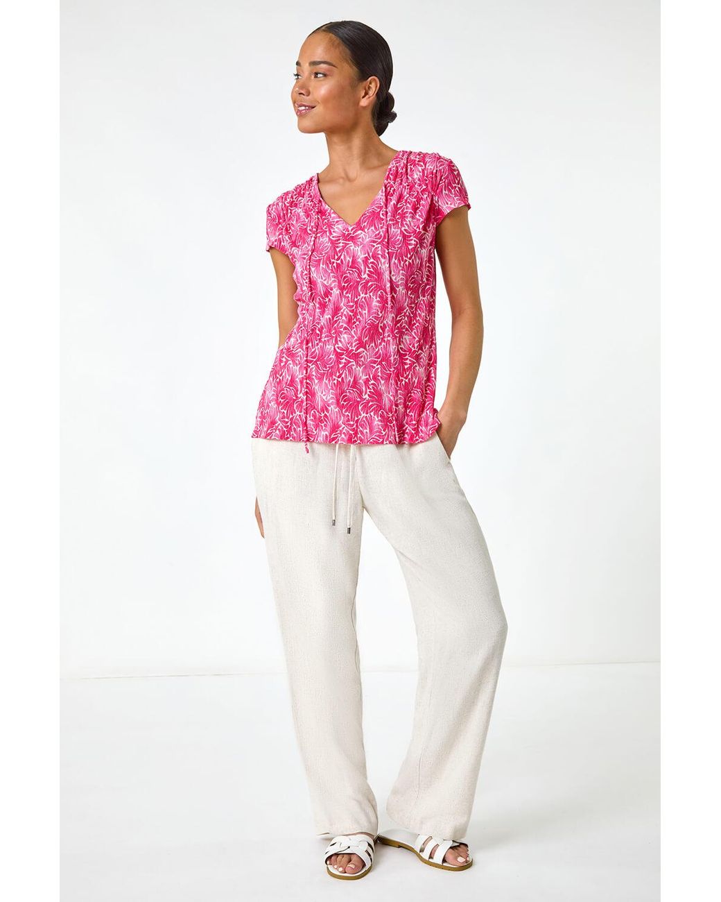 Roman Petite Pink Abstract Print Crinkle V-Neck Top