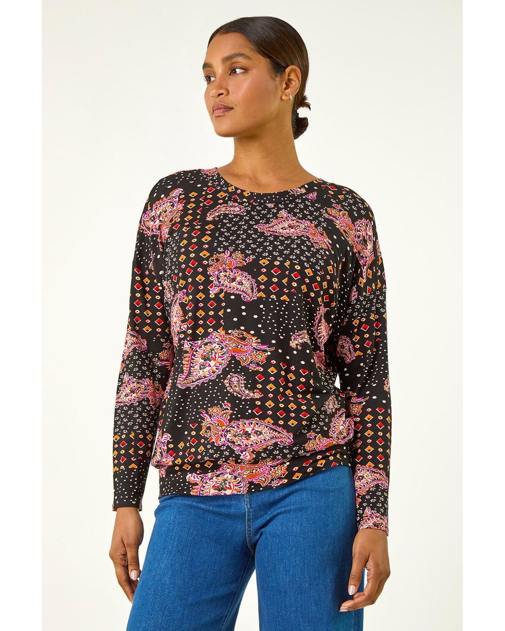 Roman Orange Banded Paisley Stretch Top
