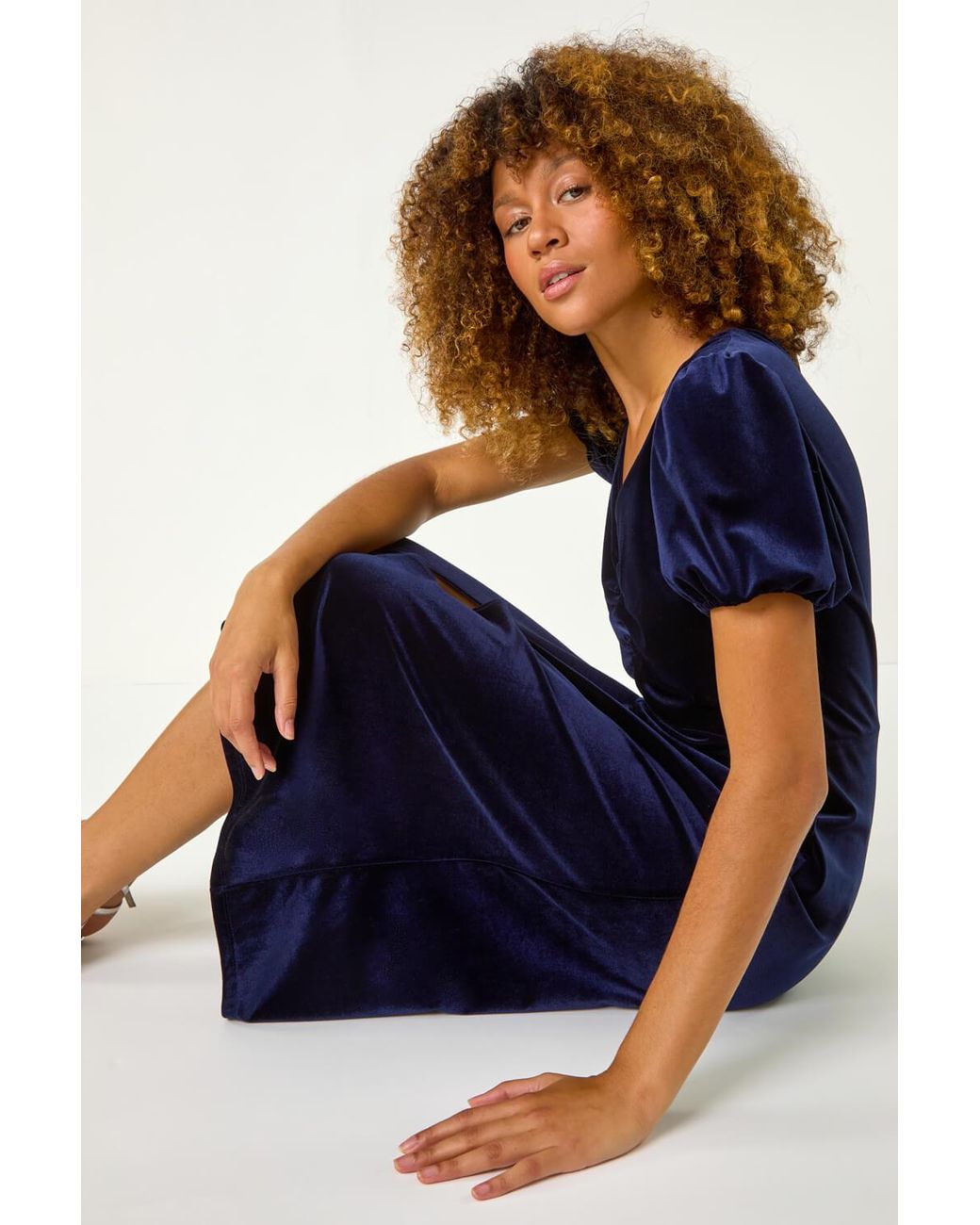Roman Blue Velvet Ruched Bodycon Midi Dress