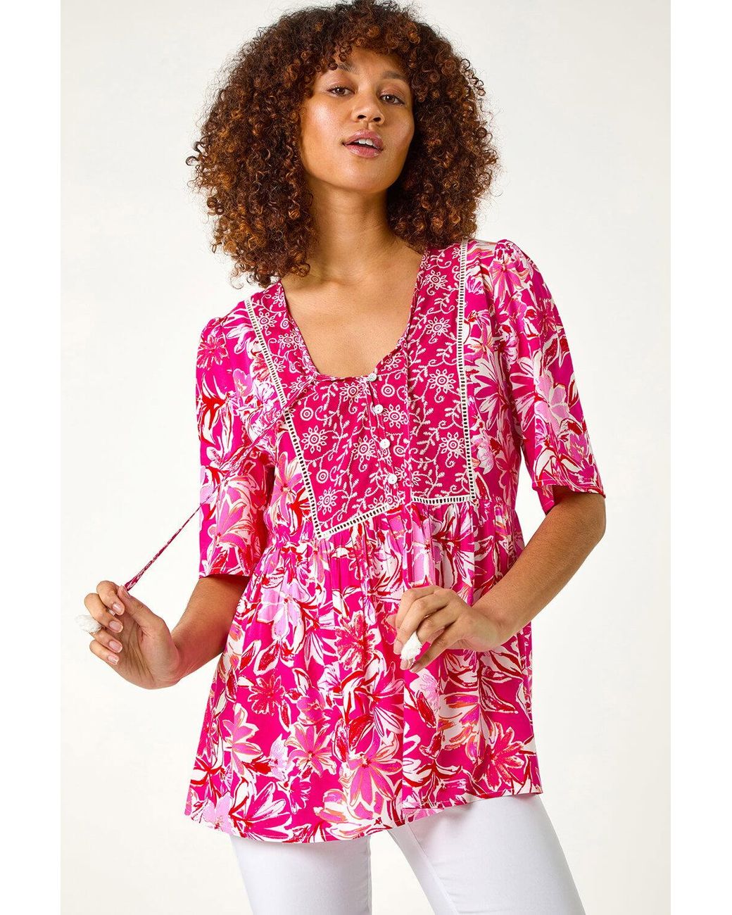 Roman Pink Abstract Floral Print Tassel Top