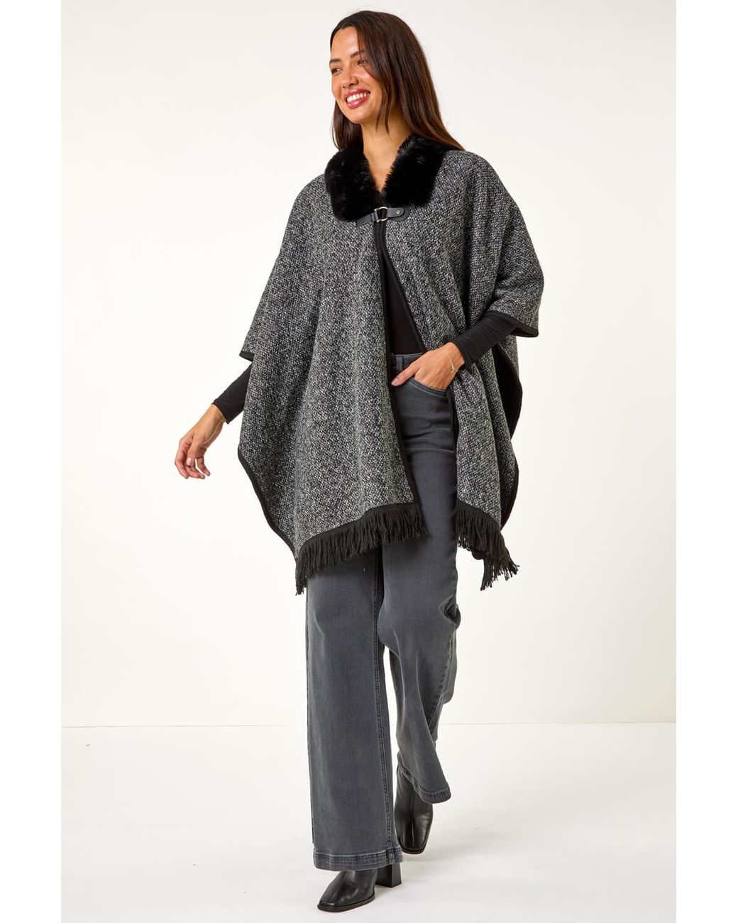 Roman Black Faux Fur Fringe Hem Poncho