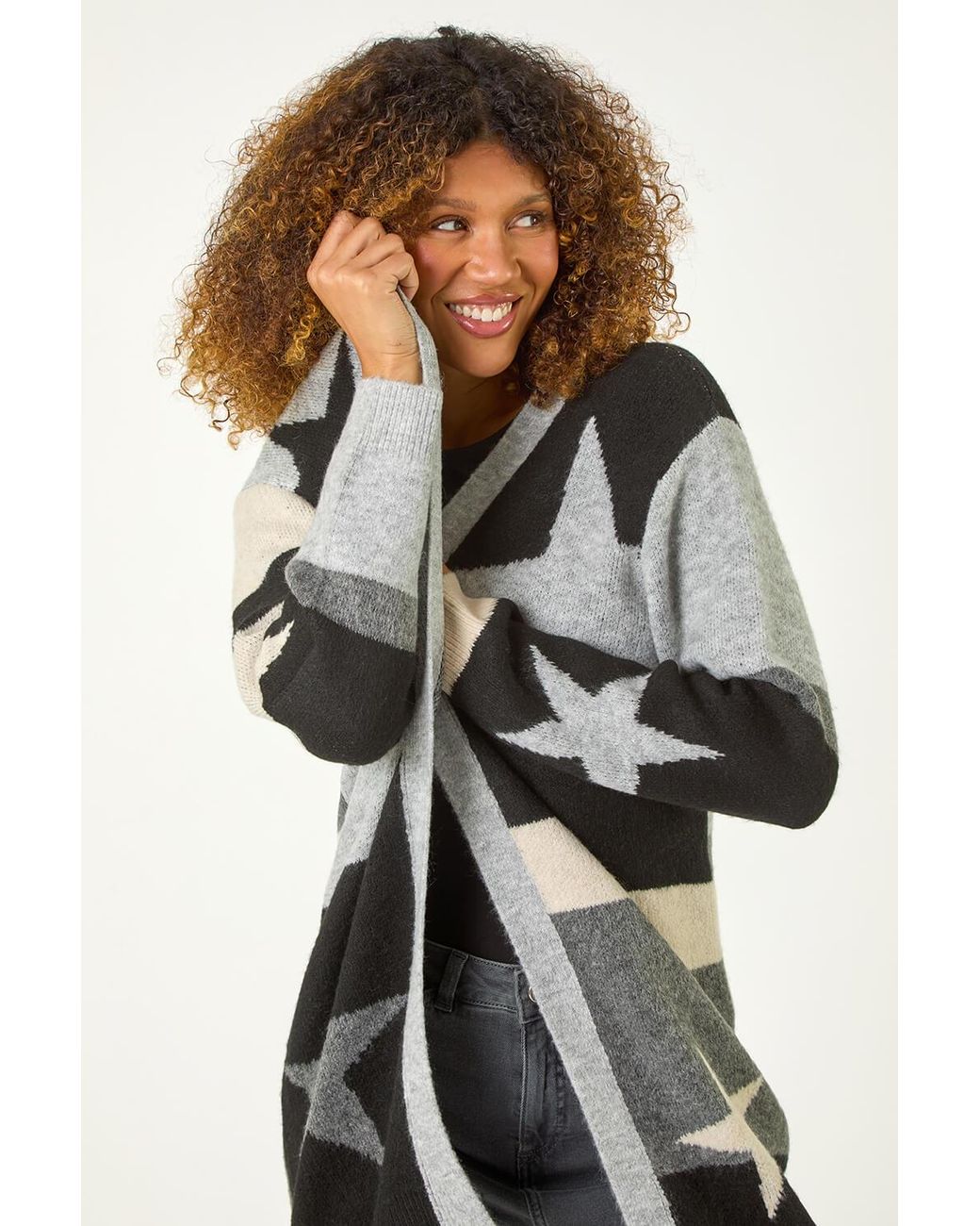 Roman Gray Star Print Longline Stretch Cardigan