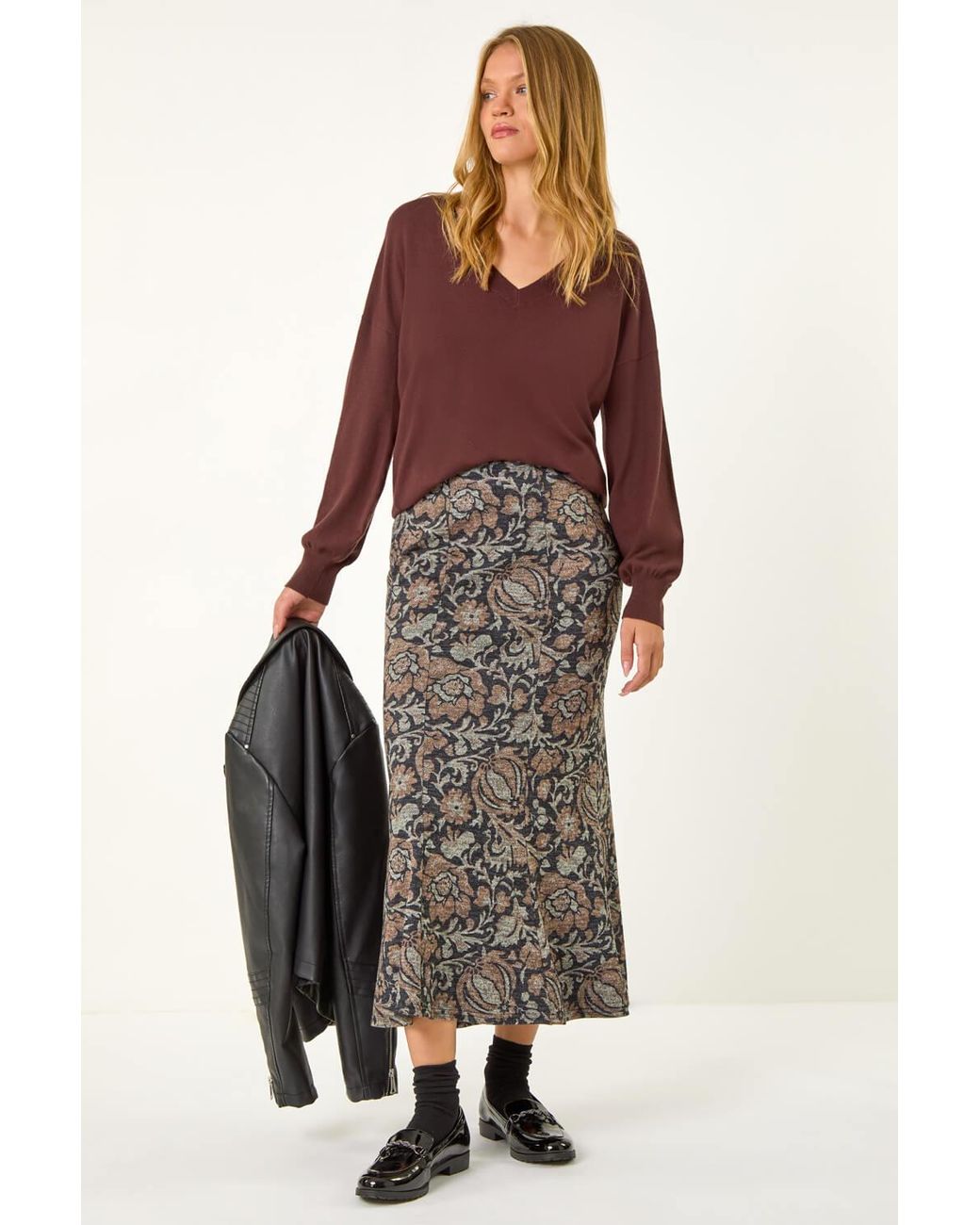Roman Multicolor Floral Print Paneled Tulip Skirt
