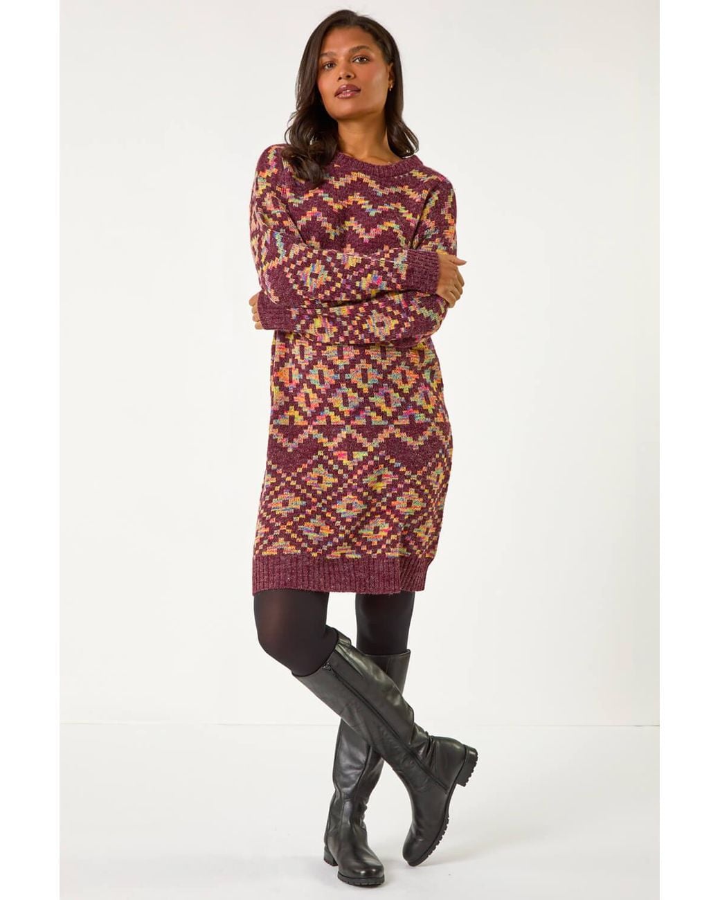 Roman Red Geometric Print Jacquard Jumper Dress