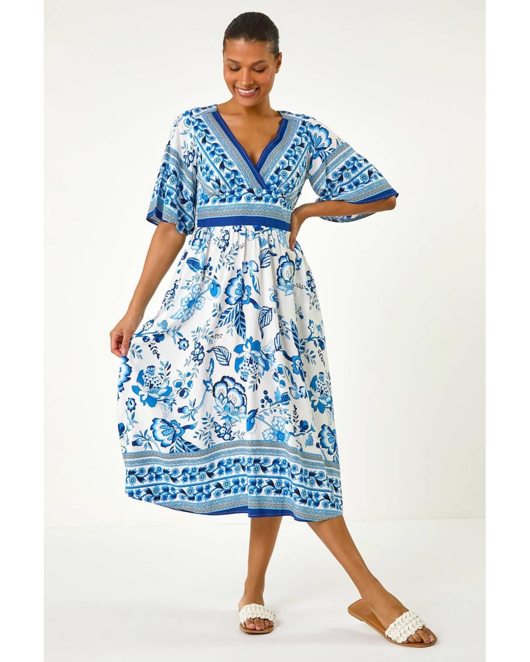 Roman Blue Floral Border Print Pocket Midi Dress