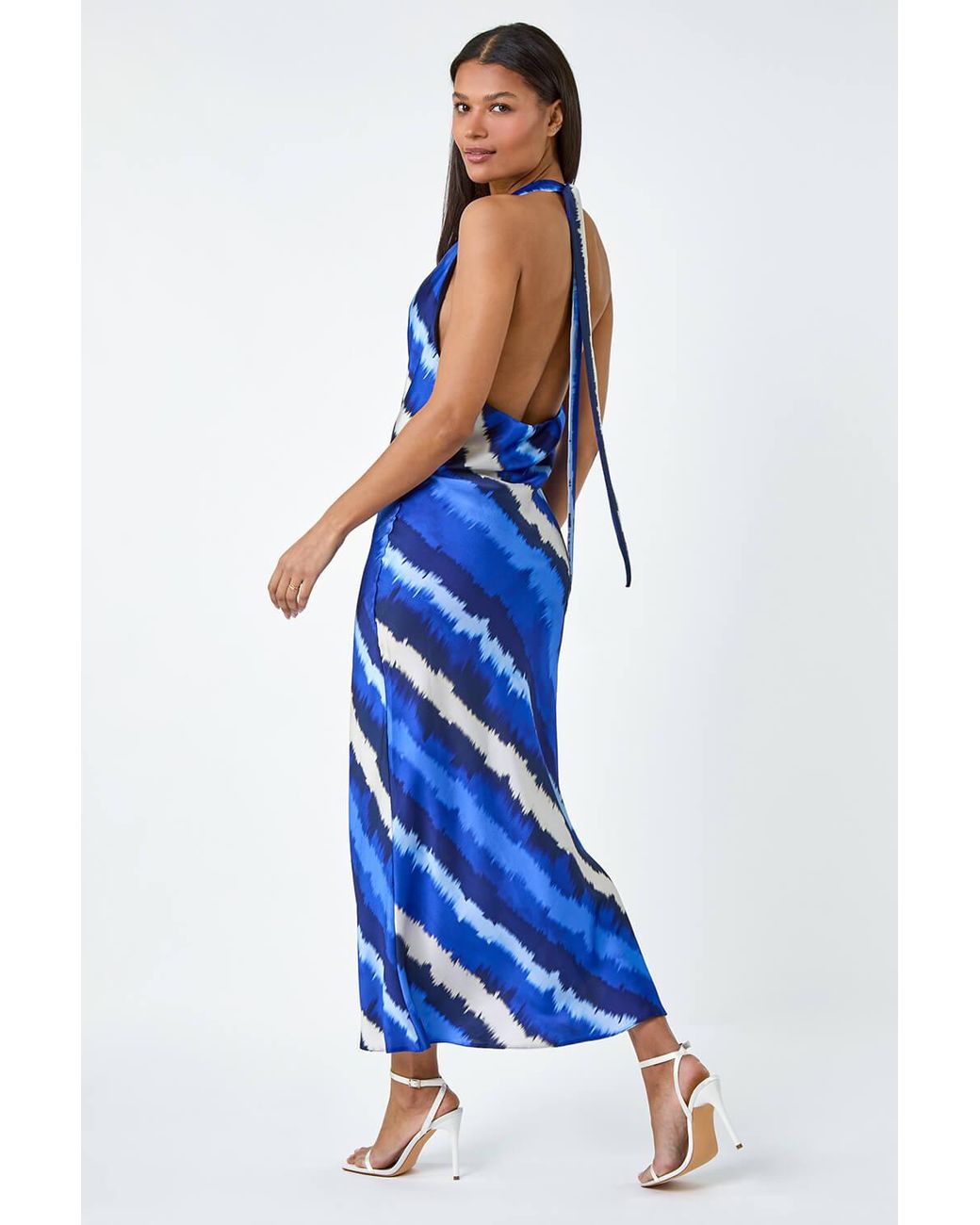 Roman Blue Stripe Satin Bias Cut Bodycon Dress